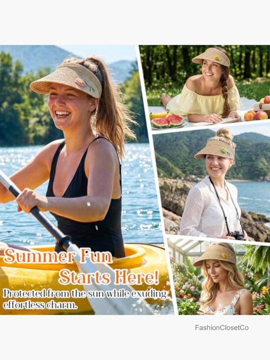 100% Raffia Straw Sun Visor UPF50+ Wide Brim Adjustable Floral Open Top Beach main image 6